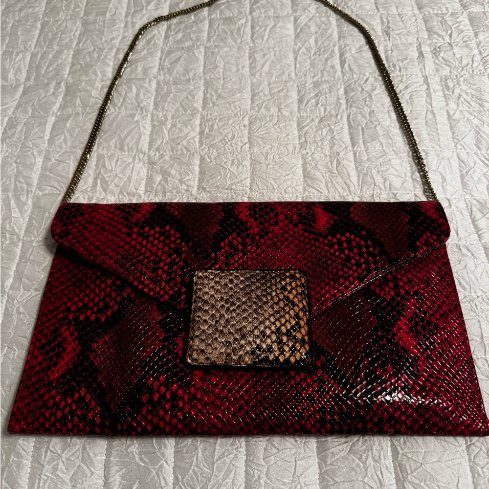 Danielle Nicole Red Pink Snake-Print Envelope Crossbody Bag with Accent chain